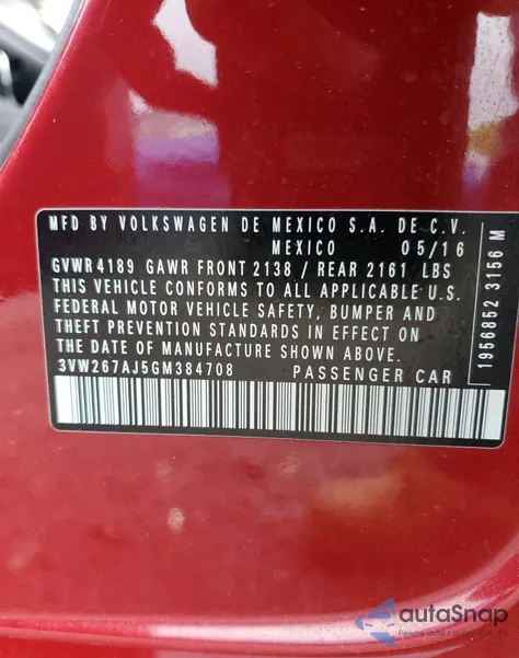 2016 Volkswagen Jetta S из США, поврежденный, VIN 3VW267AJ5GM384708